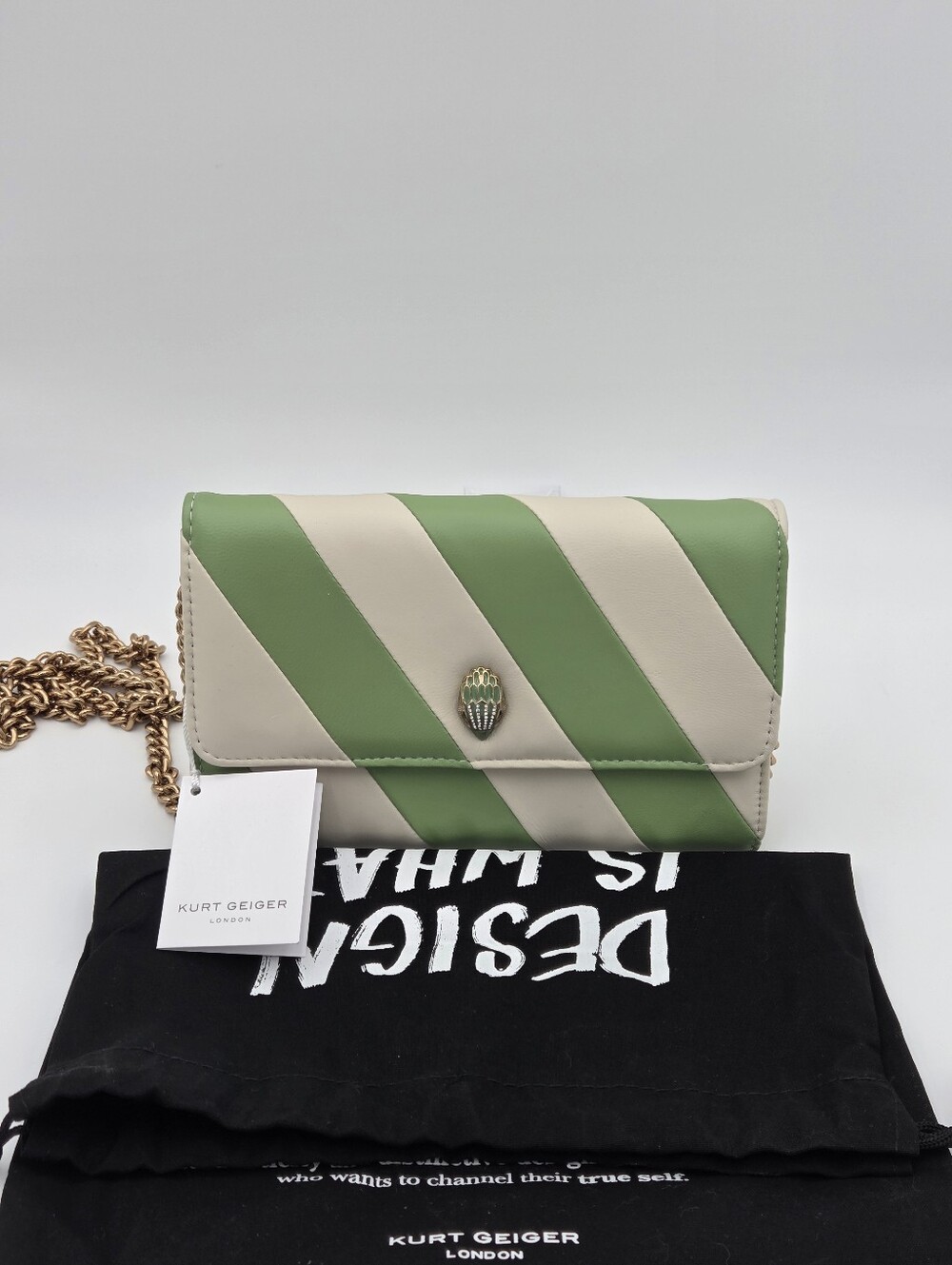 Kurt Geiger Kensington Chain Wallet In Green Stripe